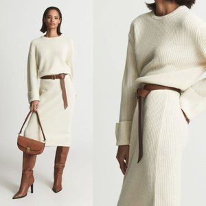 Reiss Cream Midi Dress with Brown Accents